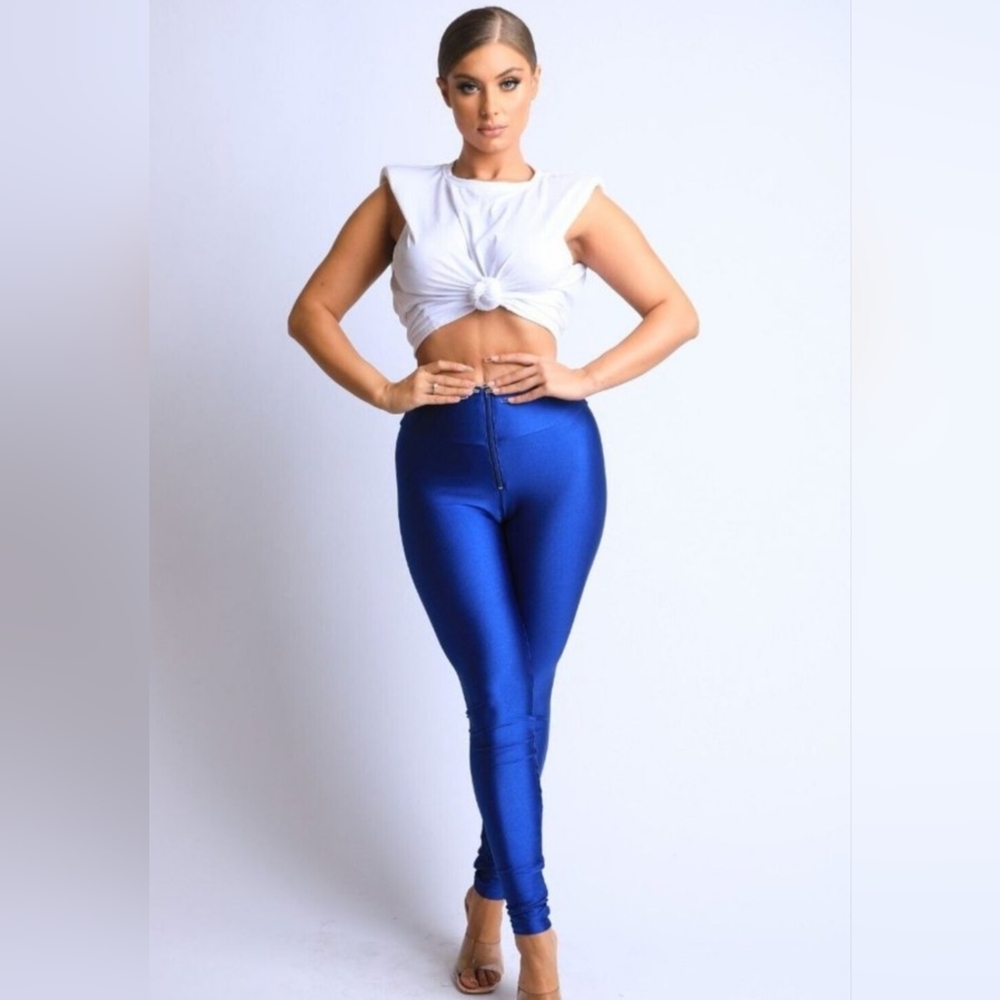 Shiny Skinny LEGGINGS Royal BLUE WITH FRONT ZIPPER